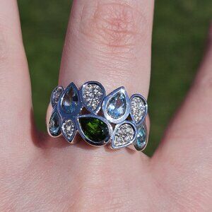 14KT White Gold Diamond Tourmaline Aquamarine Apatite Cocktail Ring Size 9